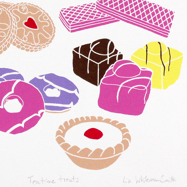 Tea time treats biscuit and cake screen print by Liz Whiteman Smith bourbons, fondant fancies, jammie dodgers, pink wafers, cherry bakewell, party rings