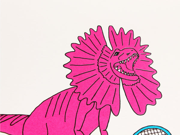 Pink dilophosaurus playing tennis