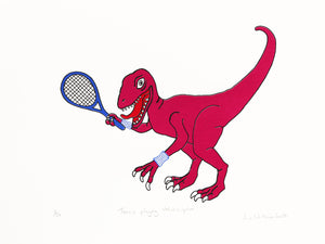 Pink dinosaur holding a blue tennis racquet