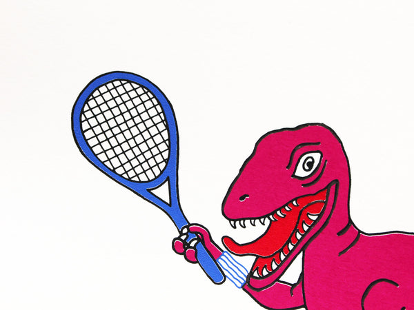 Pink dinosaur holding a blue tennis raquet
