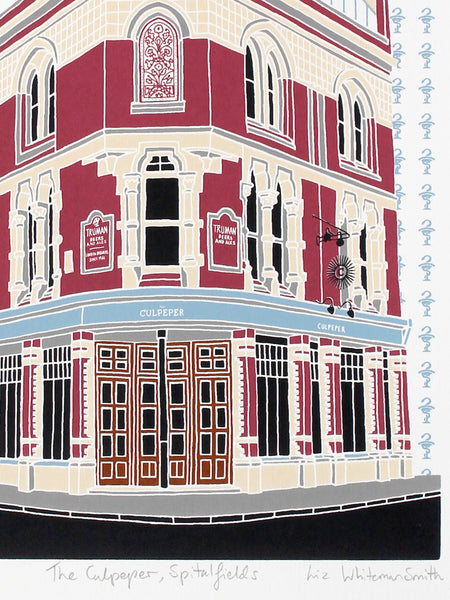 Screen print of the Culpeper pub in Spitalfields by Liz Whiteman Smith