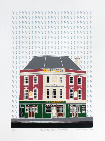 Golden Heart pub, Spitalfields screen print by Liz Whiteman Smith