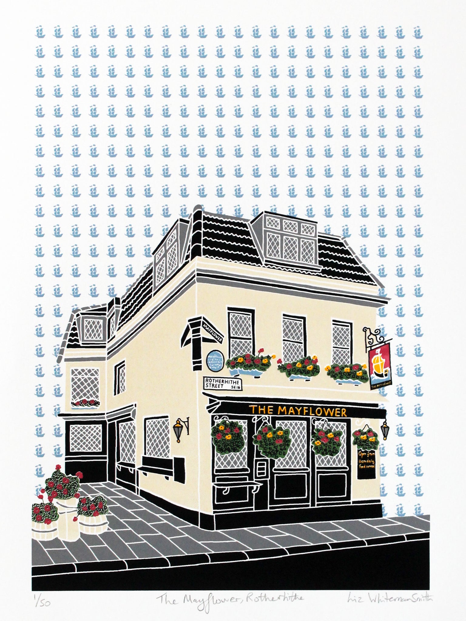 Mayflower pub screen print by Liz Whiteman Smith