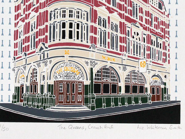 Queens pub, Crouch End screen print by Liz Whiteman Smith
