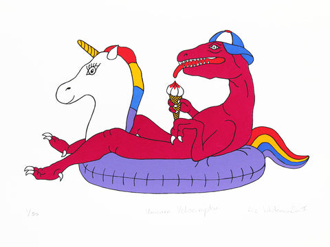 Unicorn Velociraptor, 6 colour screen print of a pink velociraptor on a unicorn inflatable, 40x30cm Limited edition of 50