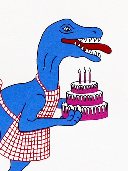 Blue velociraptor holding a pink iced three tiered cake screen print