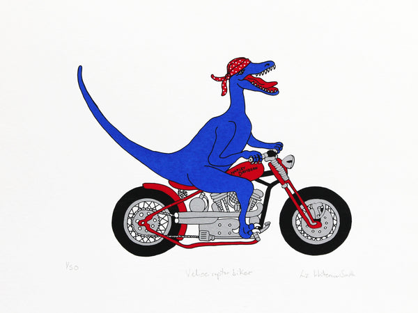 Blue velociraptor riding a red Harley Davidson wearing a red spotted bandana 4 colour screen print, 40x30 cm