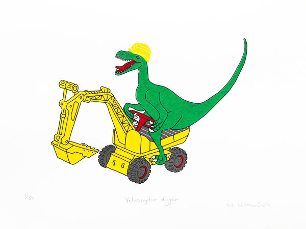 Velociraptor on yellow digger 5 colour screen print on Heritage white 315 gsm, 40x30cm Limited edition of 50