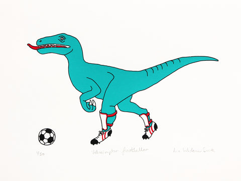 Teal dinosaur playing football wearing shin pads
