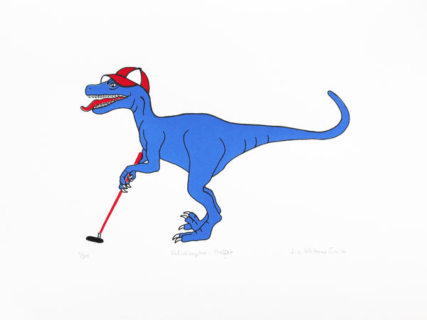 Blue velociraptor playing golf in a red baseball cap screen print