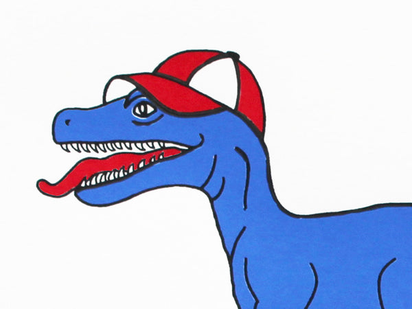 Blue velociraptor playing golf in a red baseball cap screen print