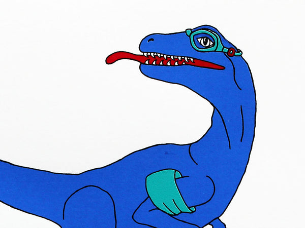 Blue Velociraptor swimmer with turquoise armbands, flippers and goggles, 4 colour original hand pulled screen print on 40 x 30 cm Heritage white 315gsm, limited edition of 50.