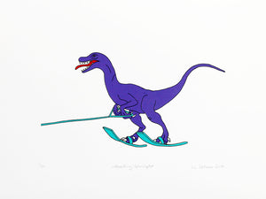 Purple dinosaur waterskiing