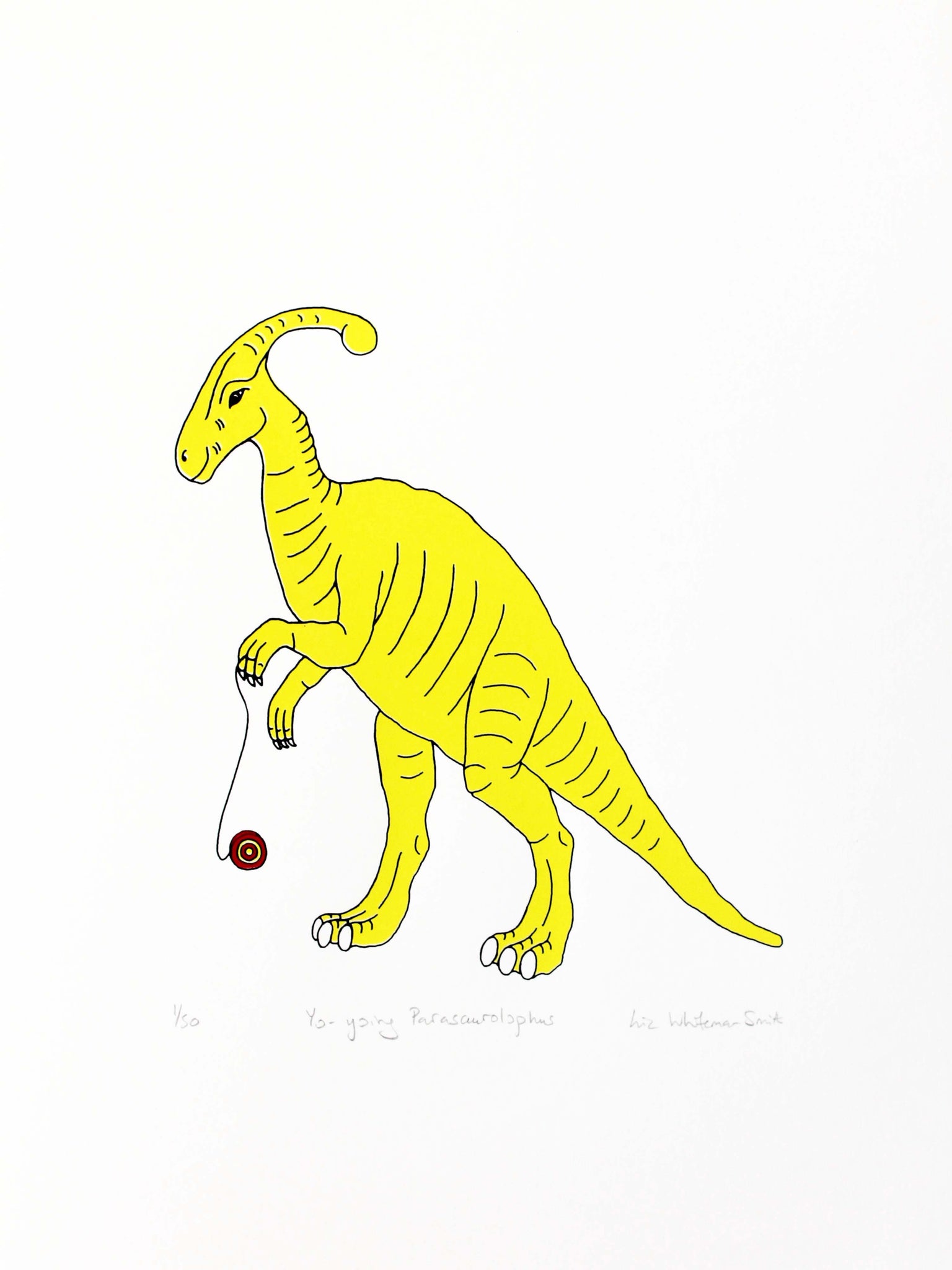 yellow dinosaur playing with a yo=yo