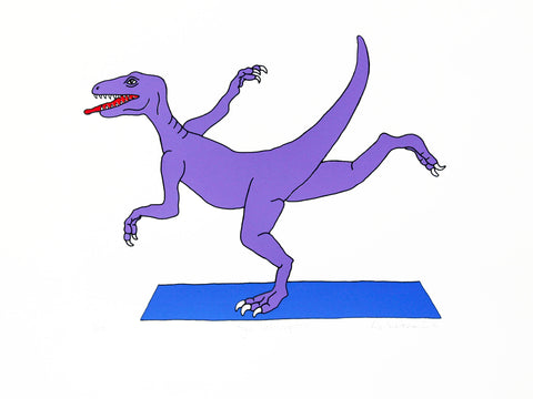 Purple dinosaur practising yoga